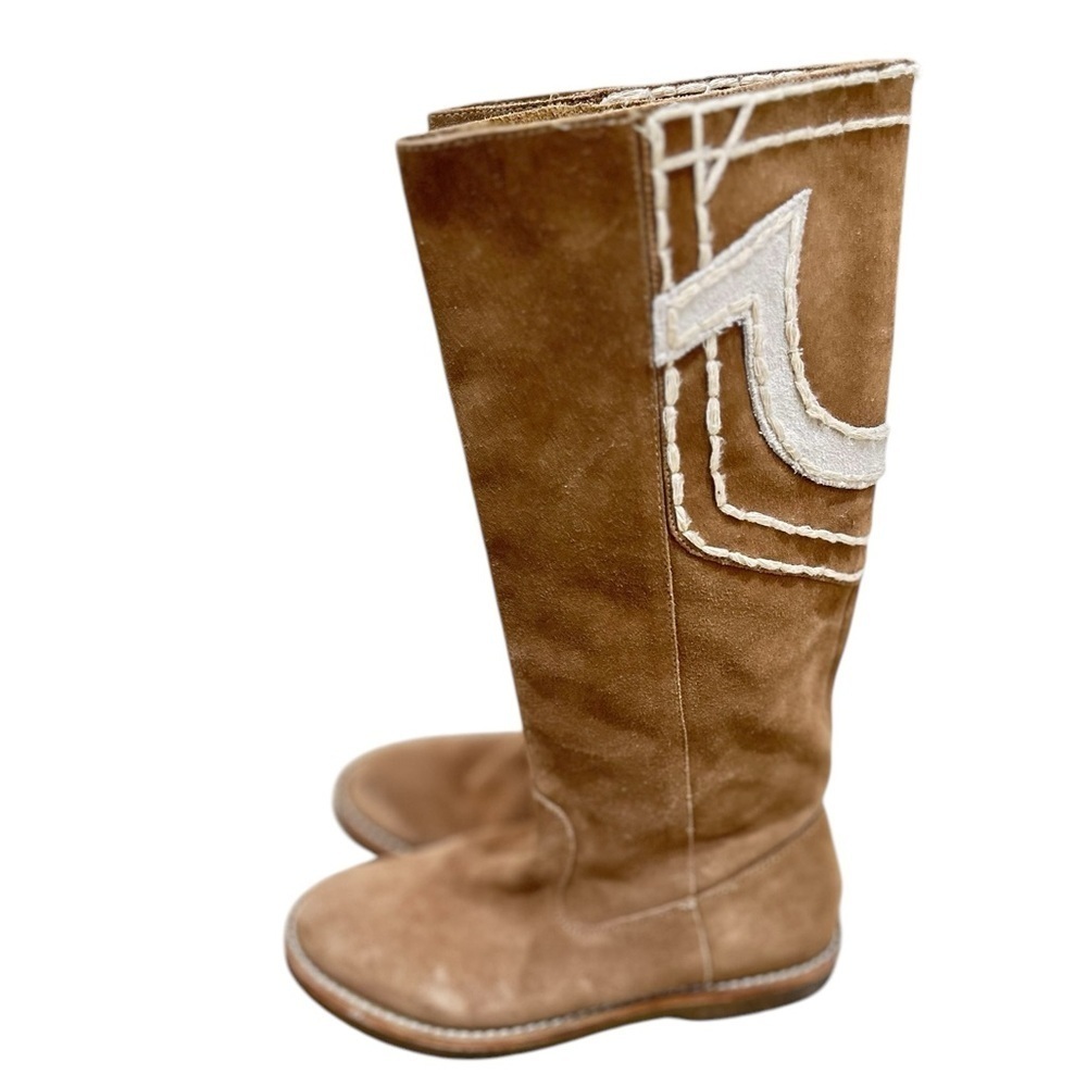 True Religion Tan Suede Knee-High Boots with White Logo - Picture 4 of 10